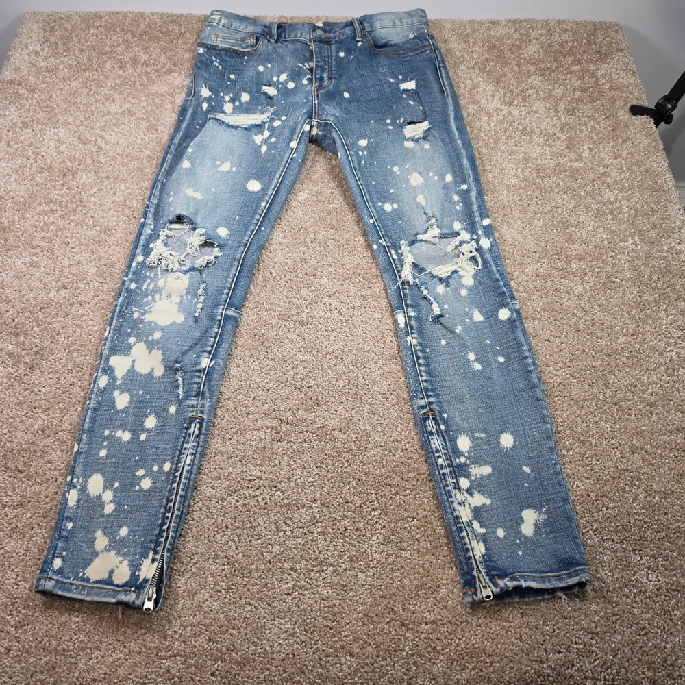 mnml Jeans Paint Splatter Distressed Blue Denim Streetwear Size 36